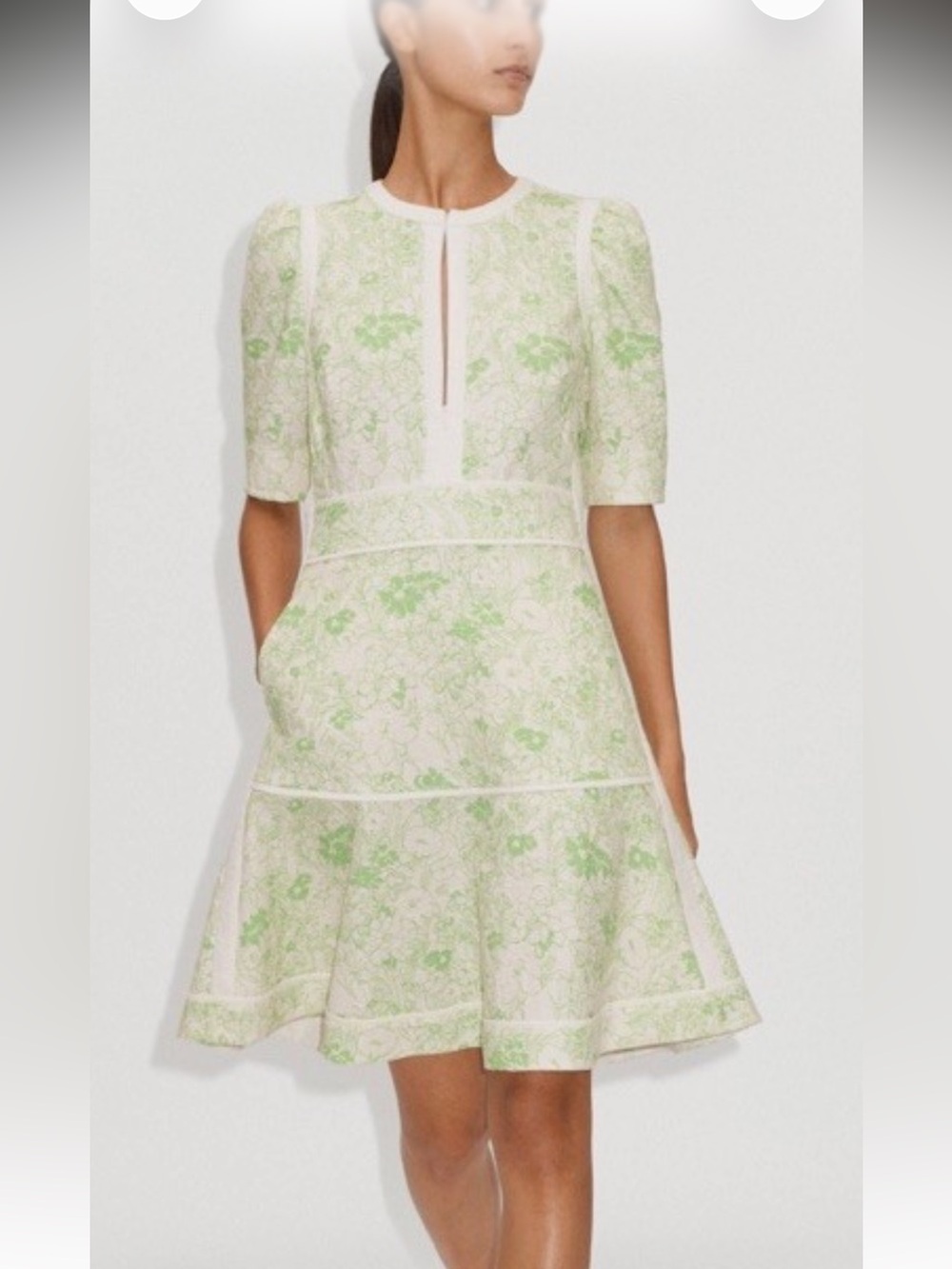 ME & EM Floral Lace Fit-and-Flare Dress in Light Green and White